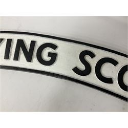 Cast iron Flying Scotsman arched railway sign, L89cm