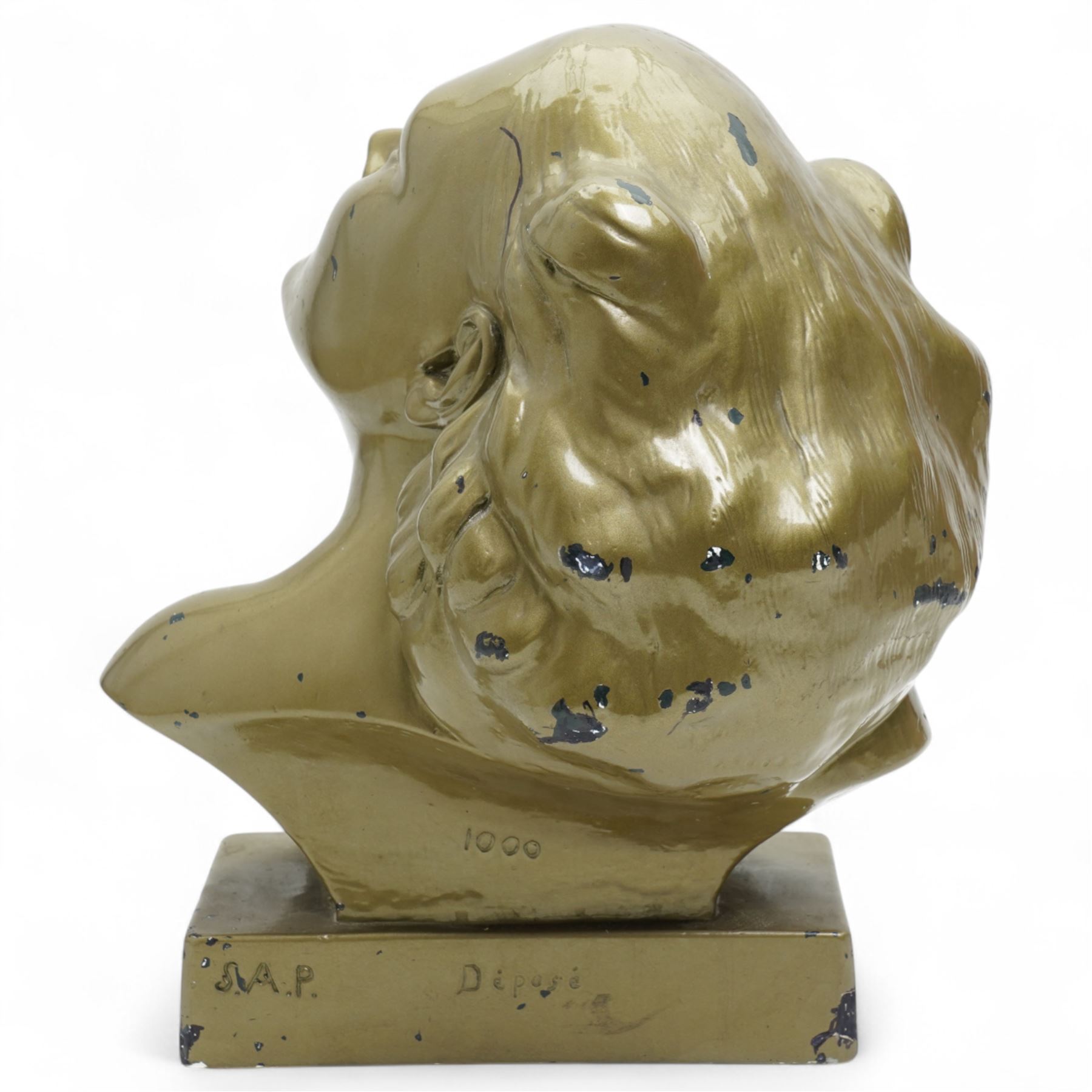 After Decouse - Art Deco bust of a woman facing upwards, marked 'SAP Depose' to plinth H40cm