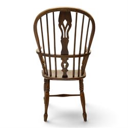 Early 20th century elm and ash high-back Windsor chair, double hoop-and-stick back with pierced and shaped splat, on turned supports joined by H-stretcher