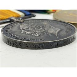 WW1 Military Medal KIA group of four comprising MM, British War Medal, 1914-15 Star and Victory Medal awarded to 32225 Pte. (later A.Sjt.) E.L. Holmes R.A.M.C., the MM inscribed 28F/A R.A.M.C.; all with ribbons; together with photocopied research material including newspaper article with presentation photograph, CWGC certificate,  London Gazette entry etc