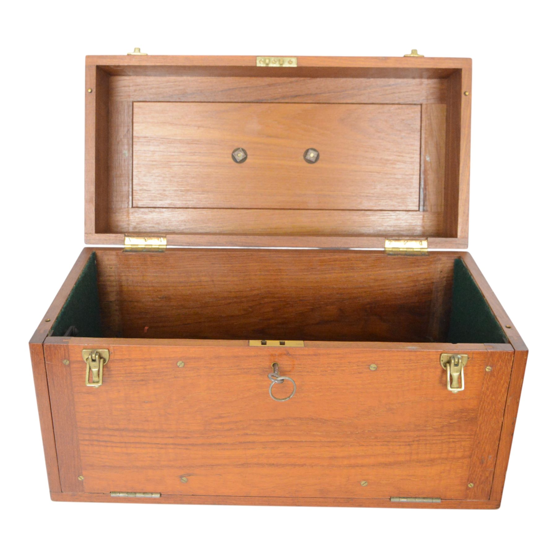 Two writing slopes, including brass bound mahogany example, together with a wooden box with brass handles to sides and cover, tallest H28cm