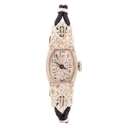 Art Deco 18ct white gold diamond ladies manual wind wind wristwatch, silvered engine turne...