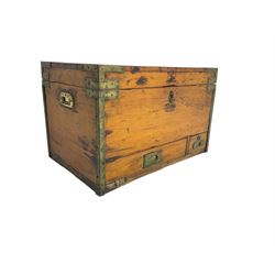 Early 20th century waxed pine travelling trunk or chest, brass bound, rectangular hinged lid, fitted with two small drawers to base