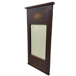 Edwardian mahogany framed pier glass mirror, the frieze inlaid with shell motif, fitted with bevelled glass plate