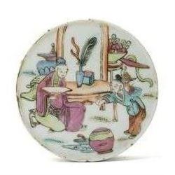 Chinese famille rose cylindrical lidded jar, hand-painted with figural decoration to cover and floral sprigs and insects to body, together with a similar Chinese porcelain lid, jar H4cm