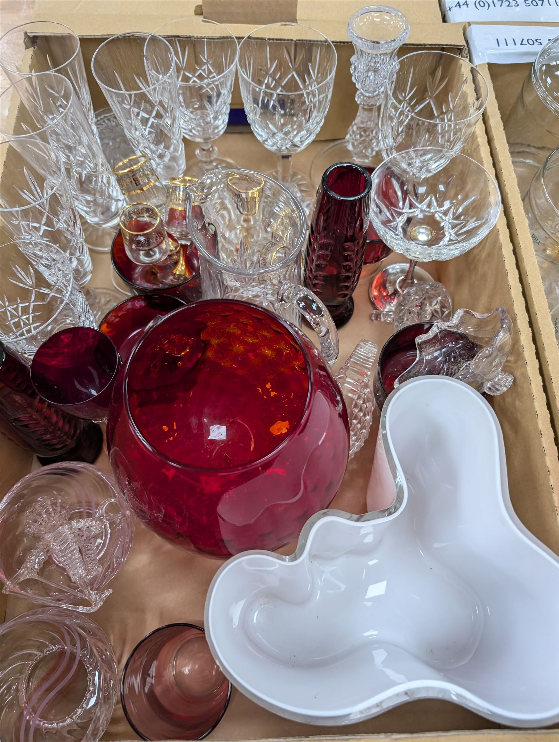 Large collection of glassware, including two ship decanters, Edinburgh crystal, Royal Doulton, red glass, etc in six boxes 