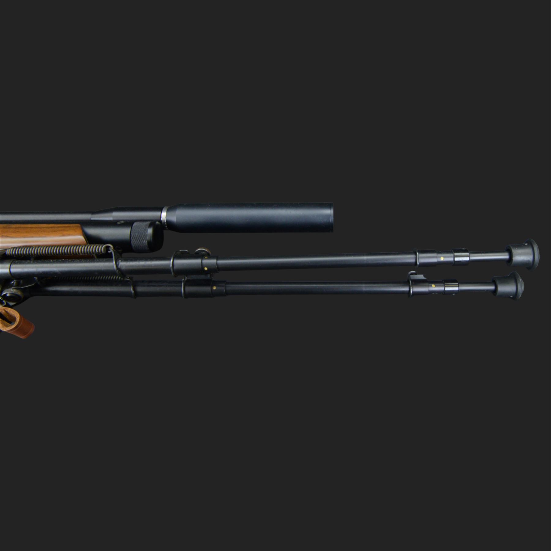 Logun MK2 22 Cal. air rifle, serial no 25885, with ASG fitted sight, bi-pod stand and fitted moderator  