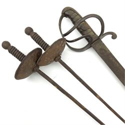 Pattern 1821 cavalry trooper's sword with 60cm cut-down fullered steel blade, three-bar hilt, backstrap with 'ears' and ribbed leather gip, lacks scabbard L74cm overall; together with a pair of fencing epee swords (3)