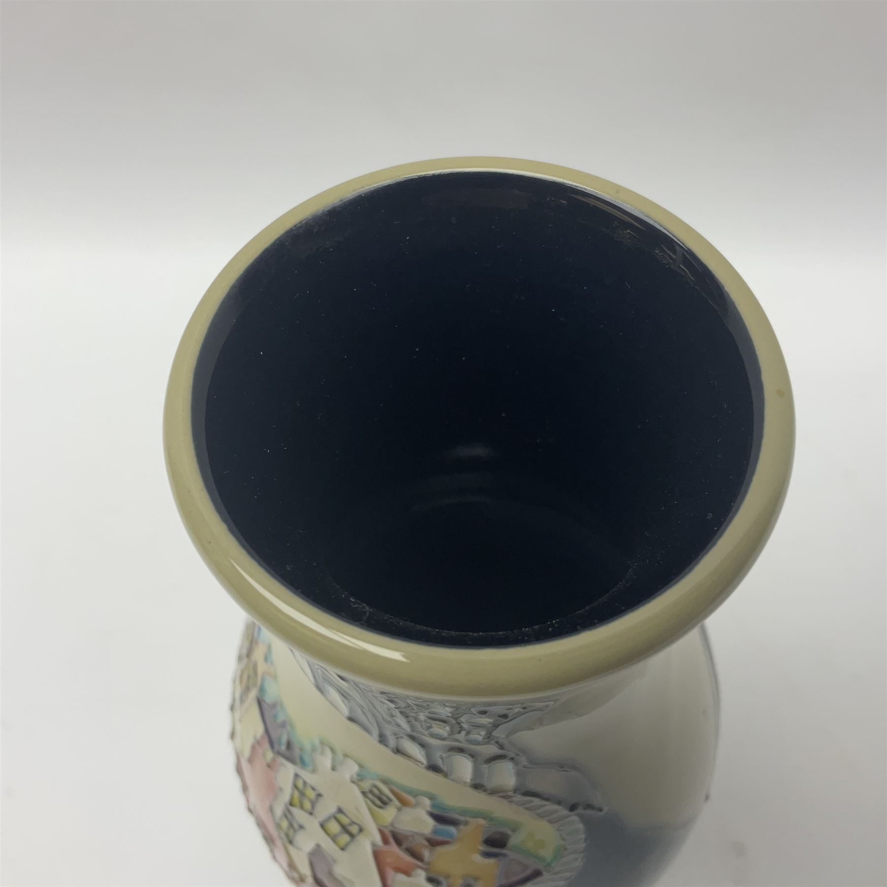 Moorcroft Whitby Harbour vase, 2017, trial vase of slender baluster form, tubelined and painted in bright colours with a view of Whitby town and harbour, impressed and painted marks beneath, H26cm 