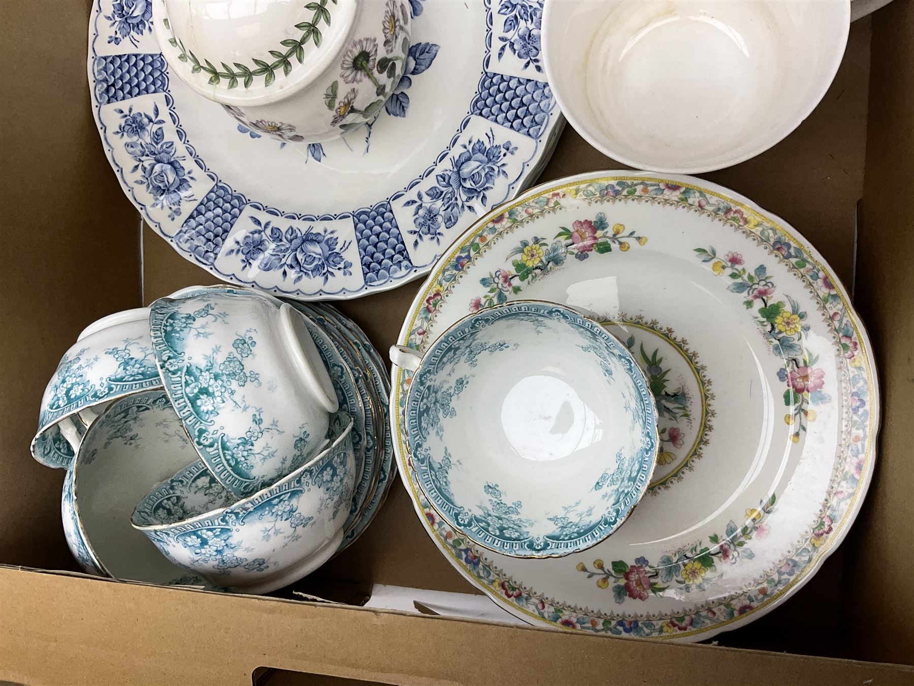 Quantity of teawares to include Coclough, Pearsons stoneware lidded twin handled pot, and other ceramics in two boxes