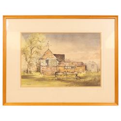 Graham Blaine (British 20th Century): 'Warwickshire Barn', watercolour signed, titled on label verso 24cm x 51cm 