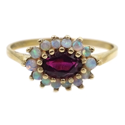  9ct gold opal and garnet cluster ring, hallmarked  