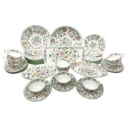 Minton Haddon Hall pattern tea wares, to include eight teacups and saucers, eight dessert plates, cake plate, eight side plates, etc (38)