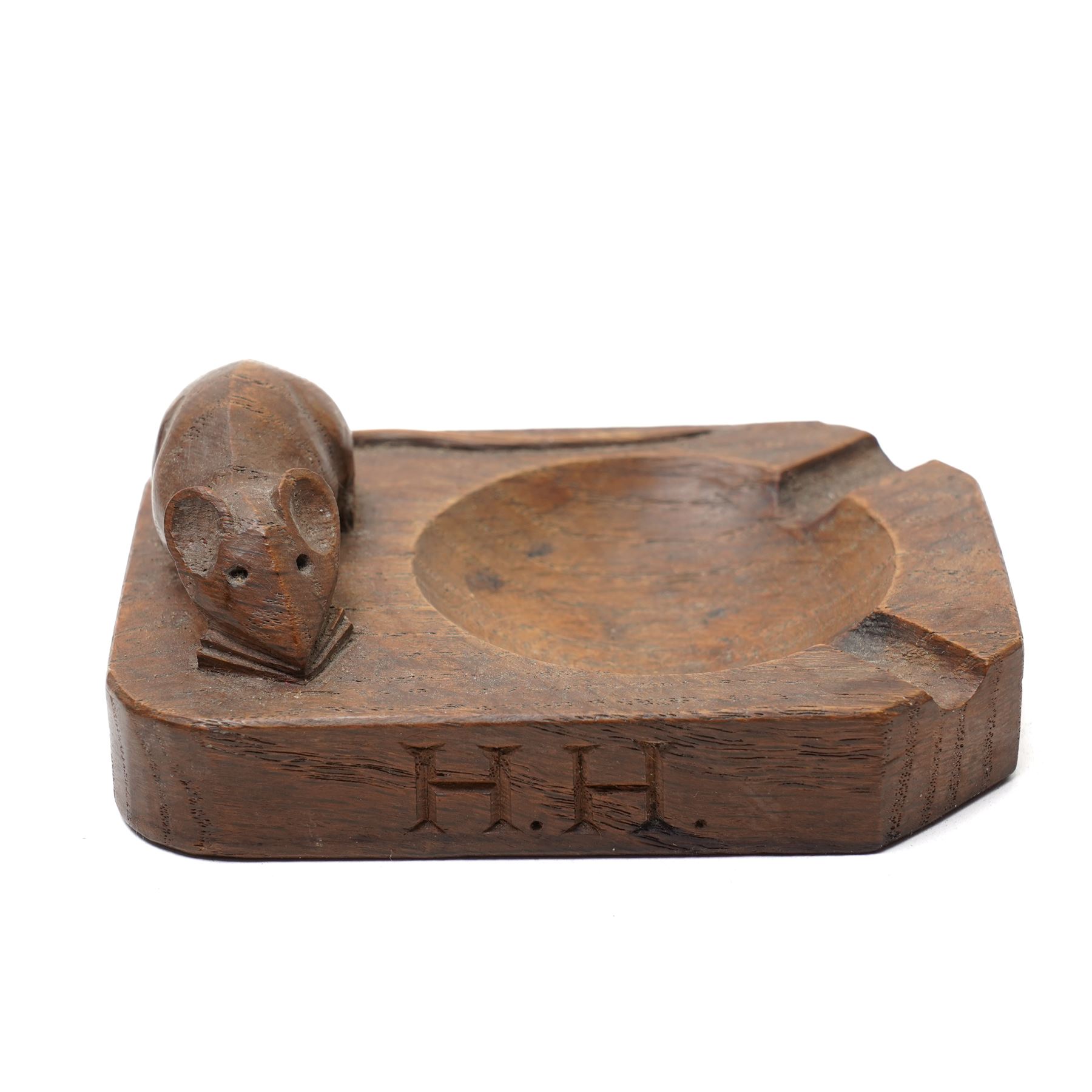 Mouseman - tooled oak ashtray, rectangular form with canted and rounded corners, engraved to the edge HH MM 1957, carved with mouse signature, by the workshop of Robert Thompson, Kilburn, W10cm
