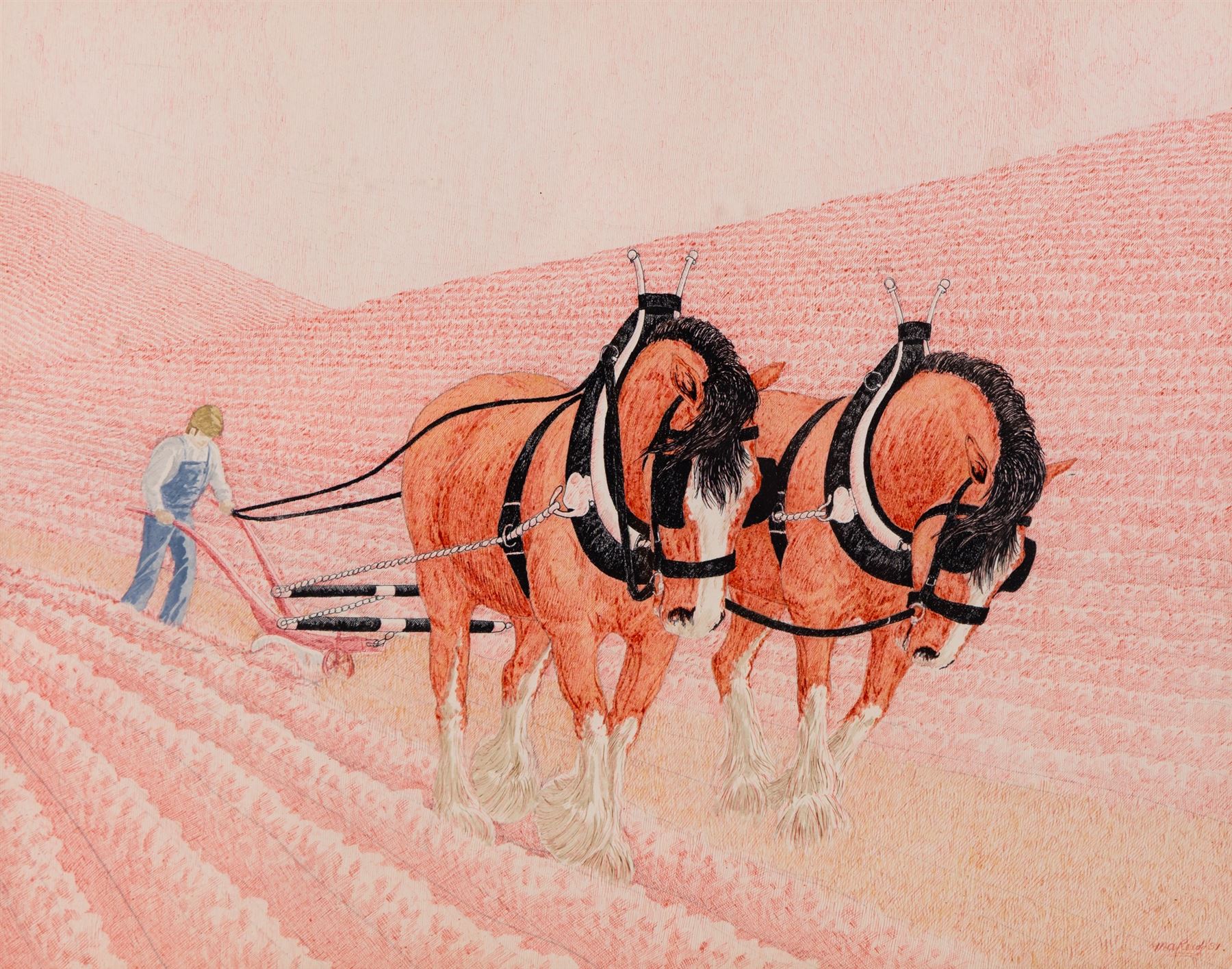 MA Reed (British 20th Century): Horses Ploughing, ink and watercolour signed and dated '81, 38cm x 48cm