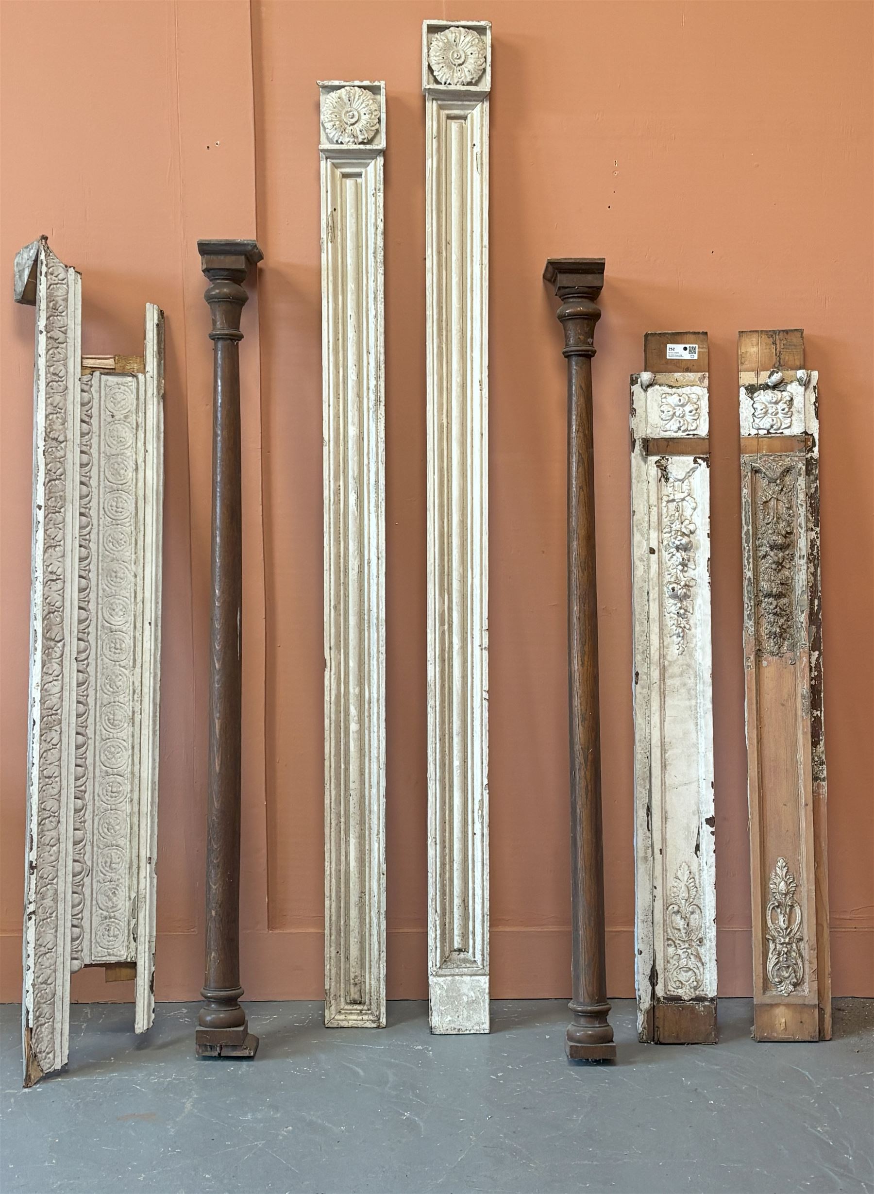 Pair of 19th century painted and carved pine mouldings with floral boss surmounts (H207cm) together with a pair of oak columns (H163cm) and a 19th century pine and gesso fire surround for restoration.  - COLLECTION BY APPOINTMENT FROM: The White House, Thirsk Road, Easingwold, York, YO61 3NF - CALL 01723 507111 TO ARRANGE