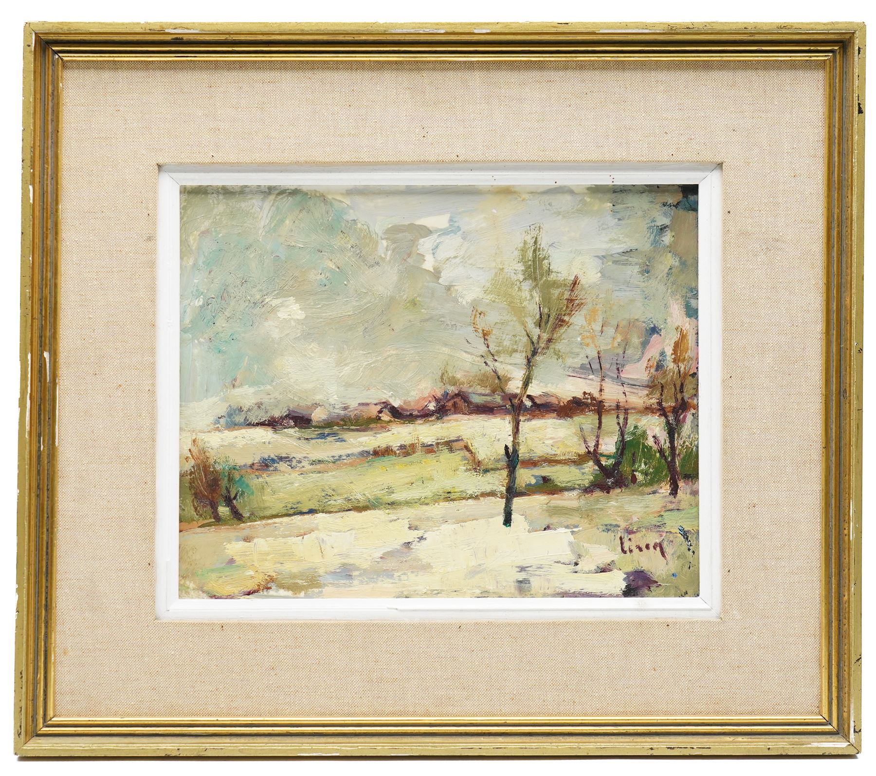 English School (20th Century): Impressionist View of Buildings and Bare Trees, oil on board indistinctly signed 23cm x 29cm