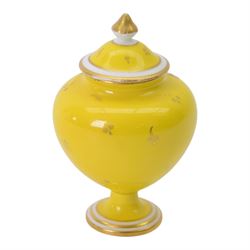 Royal Crown Derby miniature vase and cover, painted with shipping scene on yellow ground, with printed mark beneath, H12cm