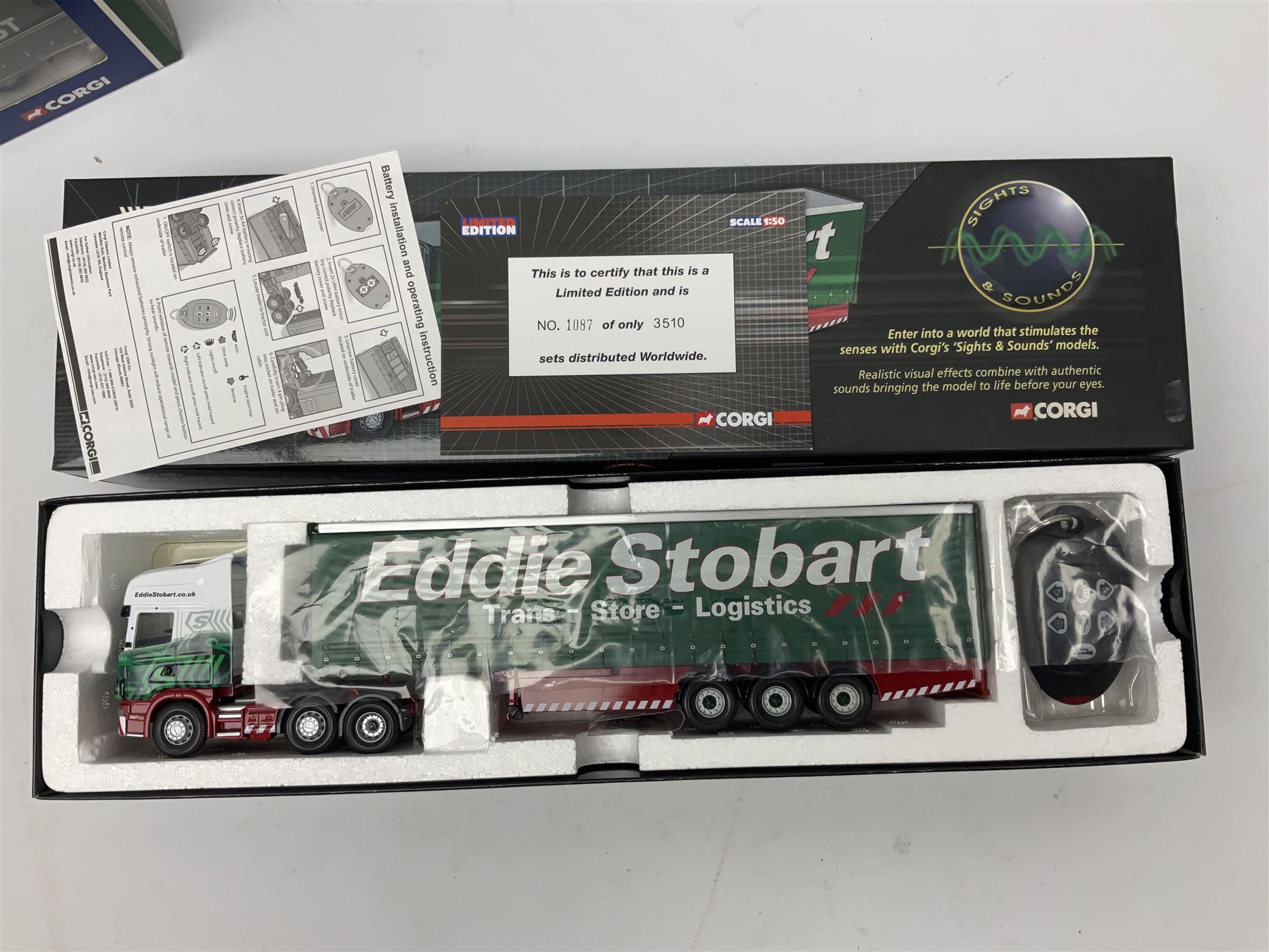 Corgi Eddie Stobart - three limited edition lorries; CC12936 Sight & Sounds Scania Topline Curtainside Trailer; CC13812 Hauliers of Renown Mercedes-Benz Actros Curtainside Knauf; and CC13405 MAN TGA XL Step Frame Curtainside Trailer; all boxed (3)