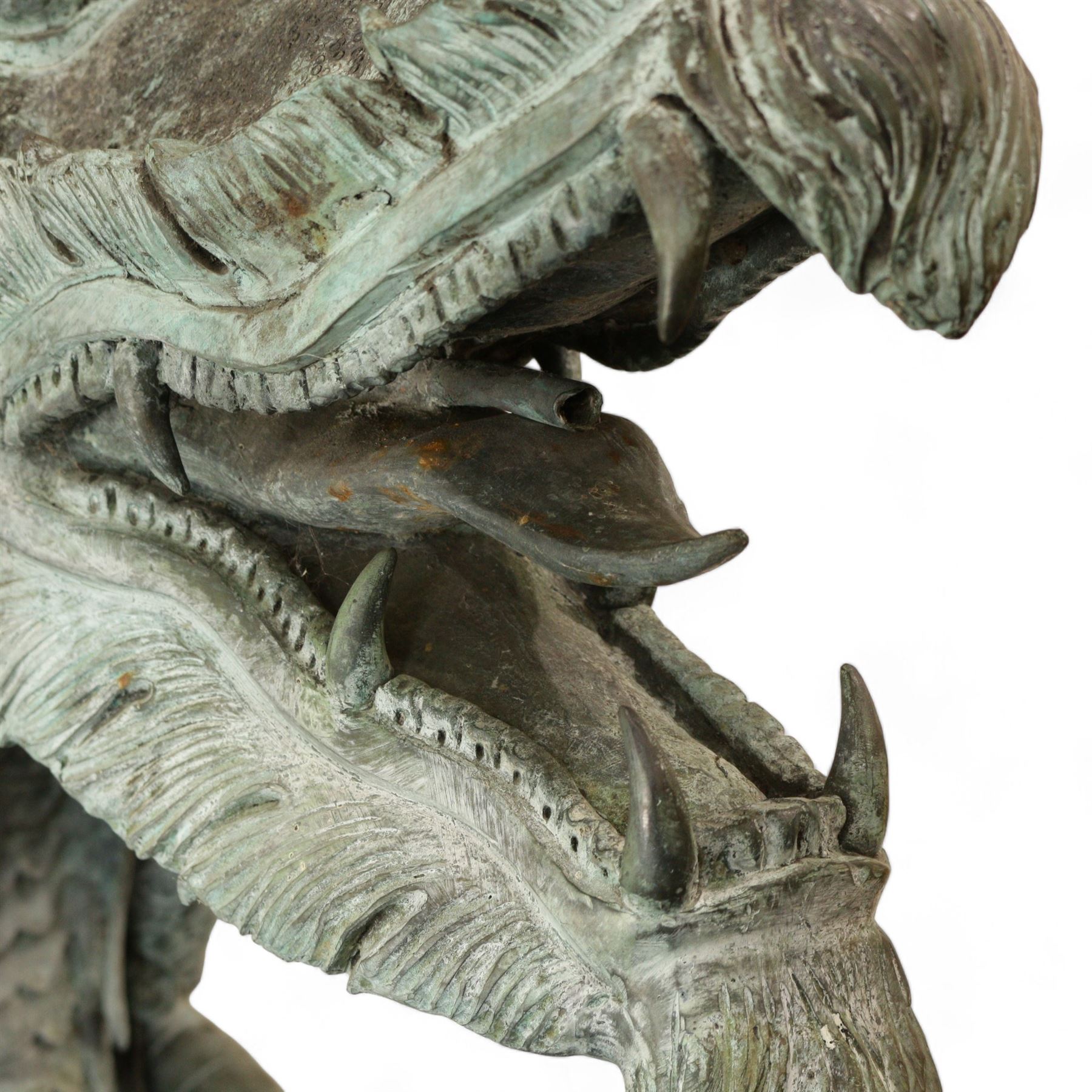 Verdigris hand finished cast brass Chinese Dragon garden centre-piece fountain, scaled dragon with gaping jaw holding an orb, curled tail on wave cast base