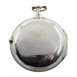 George III silver pair cased verge fusee pocket watch by Richard Tompion, Liverpool, No. 3801, round baluster pillars, pierced and engraved balance cock decorated with a heart, white enamel dial with Arabic numerals and outer quarter markers, beetle and poker hands, bull's eye glass, case by Henry Harding, Birmingham 1792