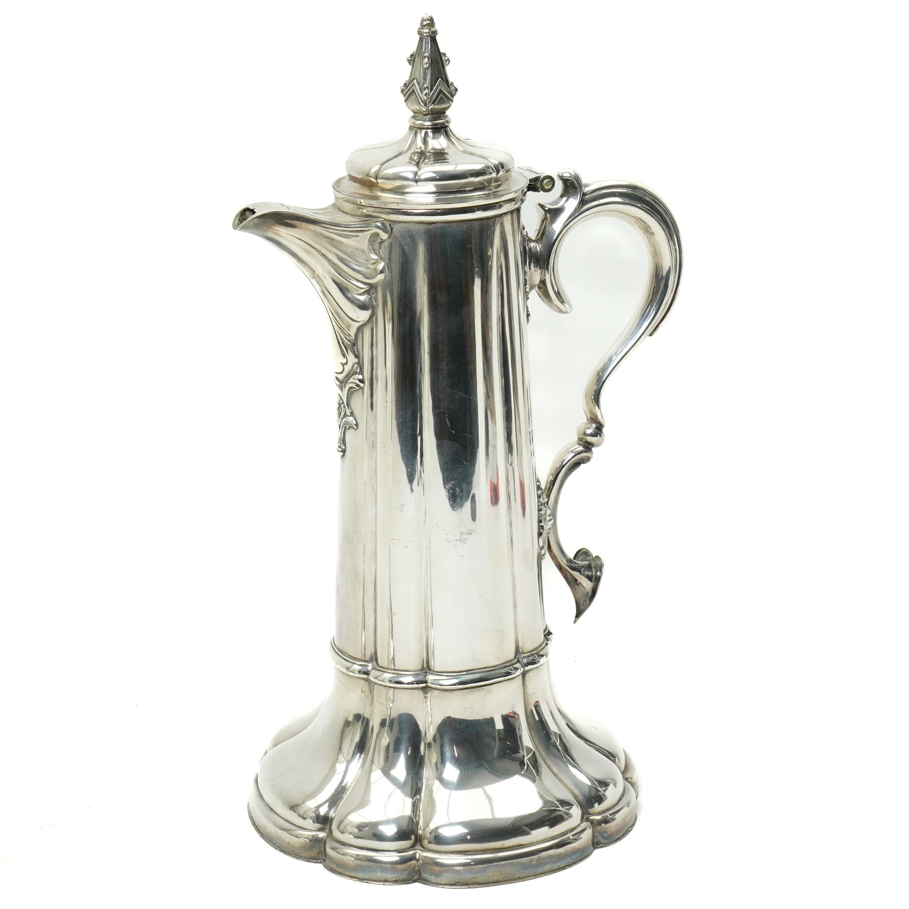 Large silver plated flagon probably by James Dixon with tapering lift, scroll handle and spreading lobed base H37cm, plated chalice with gilded interior by the same maker H21cm, plate chest with baize lined interior and countersunk handles W52cm and a pine stationery box