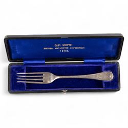 Capt Scotts' British National Antarctic Expedition 1901-1904: table fork from relief ship SY Morning, an electroplated nickel silver table fork, engraved with circular crest reading 'National Antarctic Expedition SY Morning', the fork with maker's mark for Daniel and Arter Ltd, Birmingham, stamped with trade name 'Nevada Silver', in tooled leather case impressed with gilt initials 'AMHC', with blue silk and velvet interior, the gilt lettering to interior reading 'Capt Scotts' British Antarctic Expedition'

Notes: The SY Morning was a steam yacht that served as a relief and resupply vessel for Captain Scott's Discovery during the British National Antarctic Expedition 1901-1904