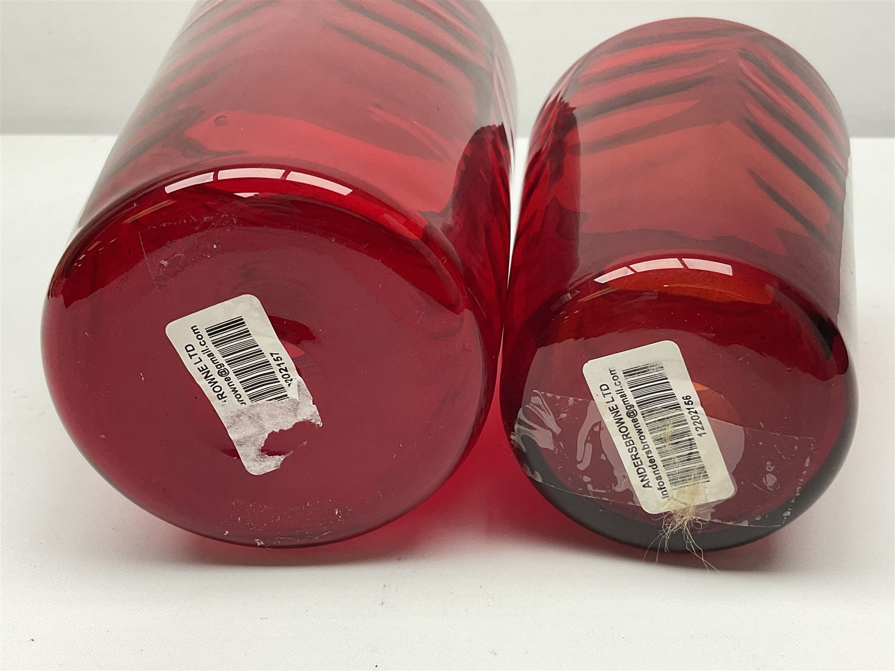 Marriott Powell for Whitefriars, Optic Wave red glass bucket vase, together with similar smaller example, tallest H20cm