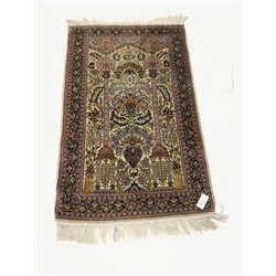 Small Persian beige ground silk rug, repeating border, 124cm x 79cm 