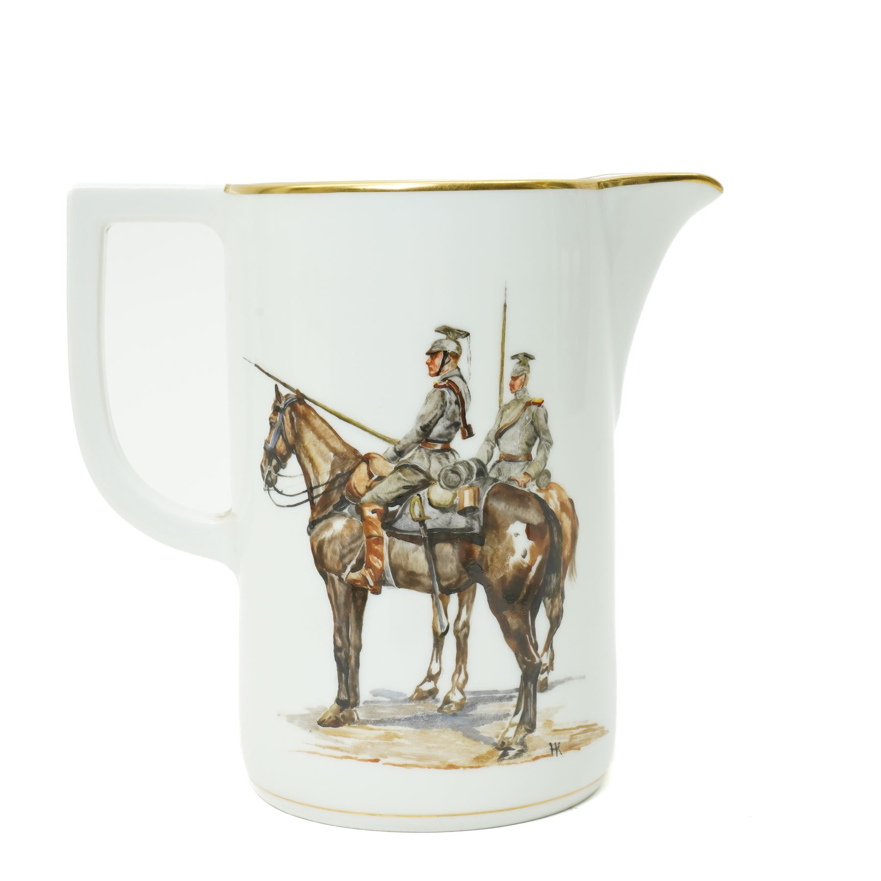 Nymphenburg coffee set painted with WWI military scenes after Hans Kratzer, comprising six coffee cans and saucers, coffee pot, cream jug and covered sugar bowl