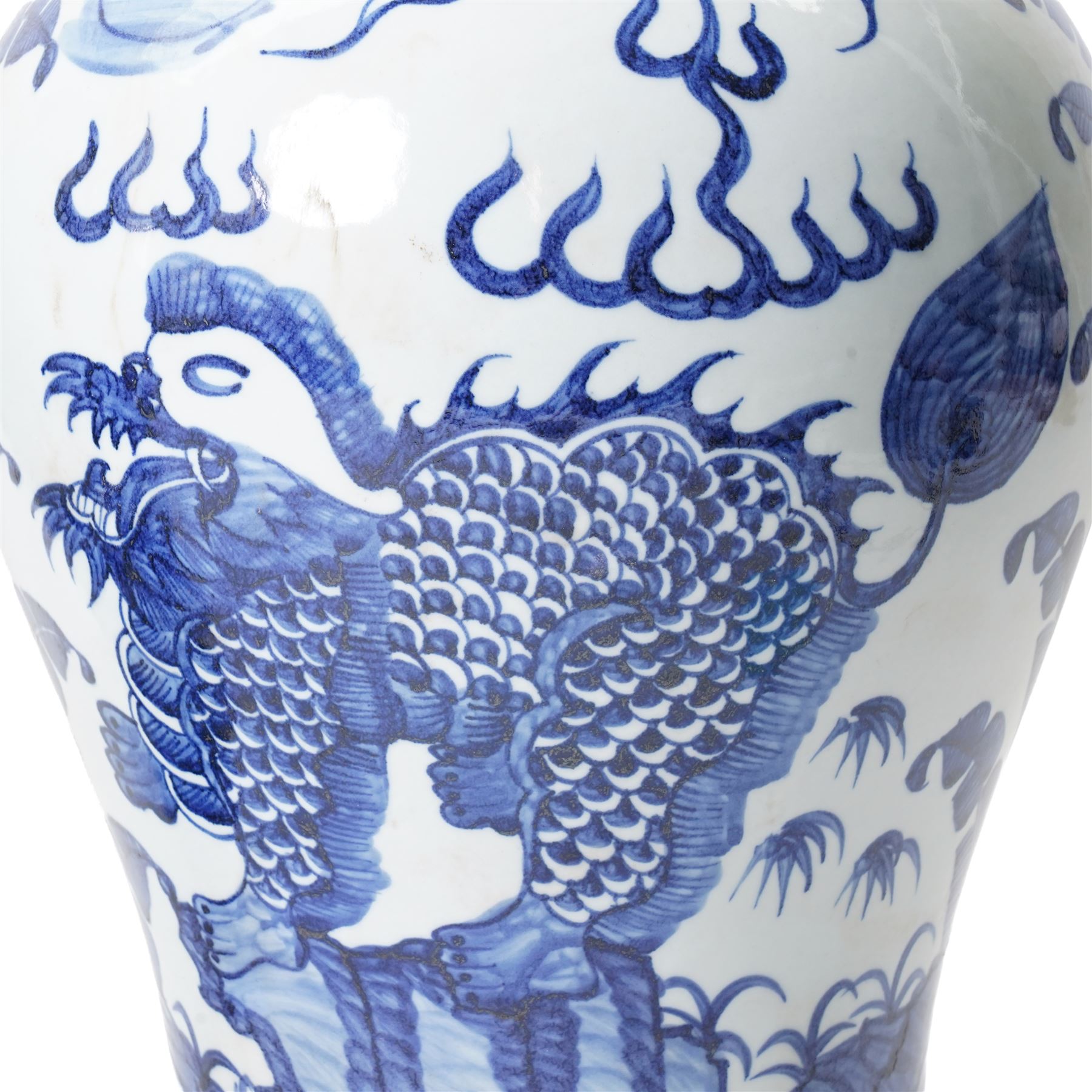Pair of blue and white Chinese baluster vases and covers decorated with dragons, foliage etc H49cm