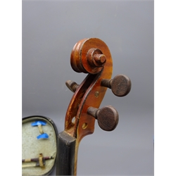  Early 20th century French three-quarter violin with 33.5cm two-piece maple back and ribs and spruce top, bears labels 'Modele d'apres Jean Baptiste Vuillaume a Paris 3 rue Demours-Ternes' and 'Instruments de Musique Paul BEUSCHER 27 Boulevard Beaumarchais Paris' L55cm overall, in carrying case with bow  