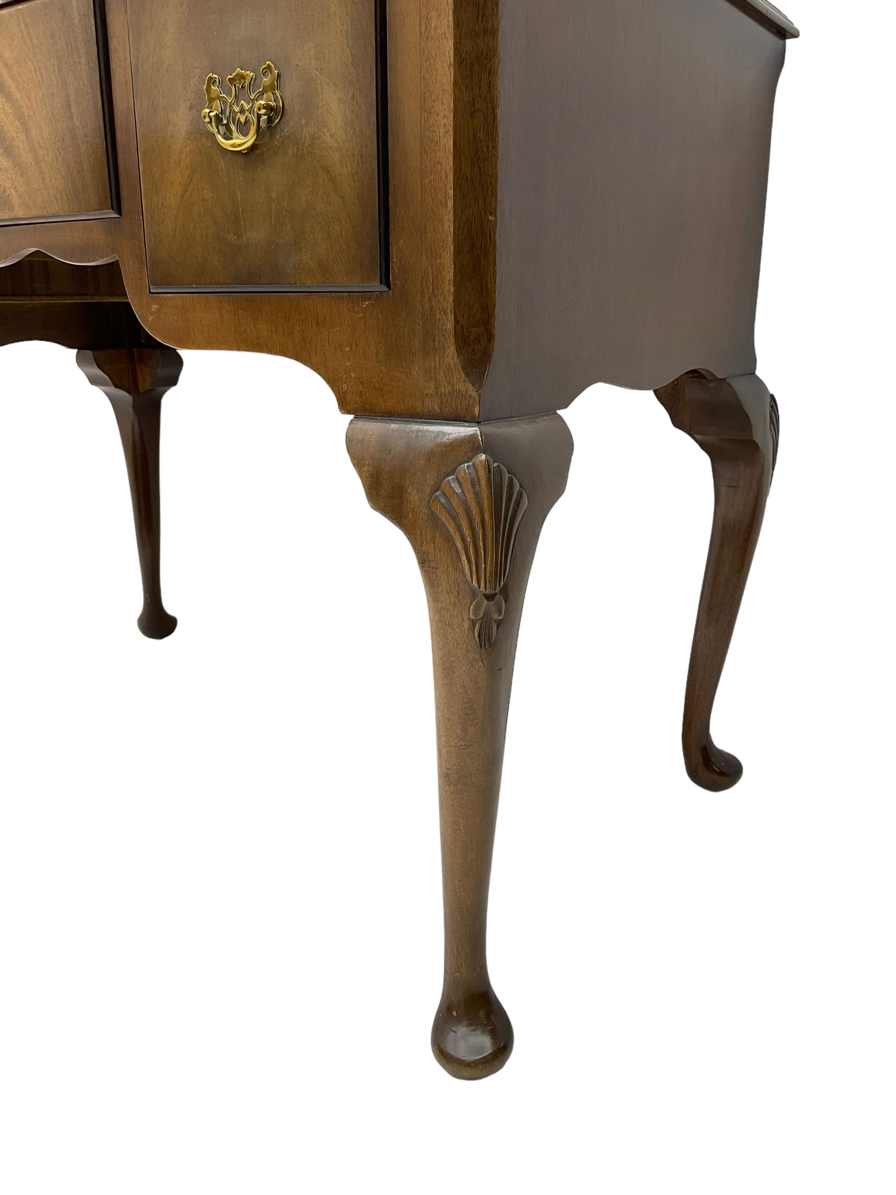 George III design mahogany low boy, rectangular top fitted with three drawers, raised on cabriole supports with shell moulding, with pad feet