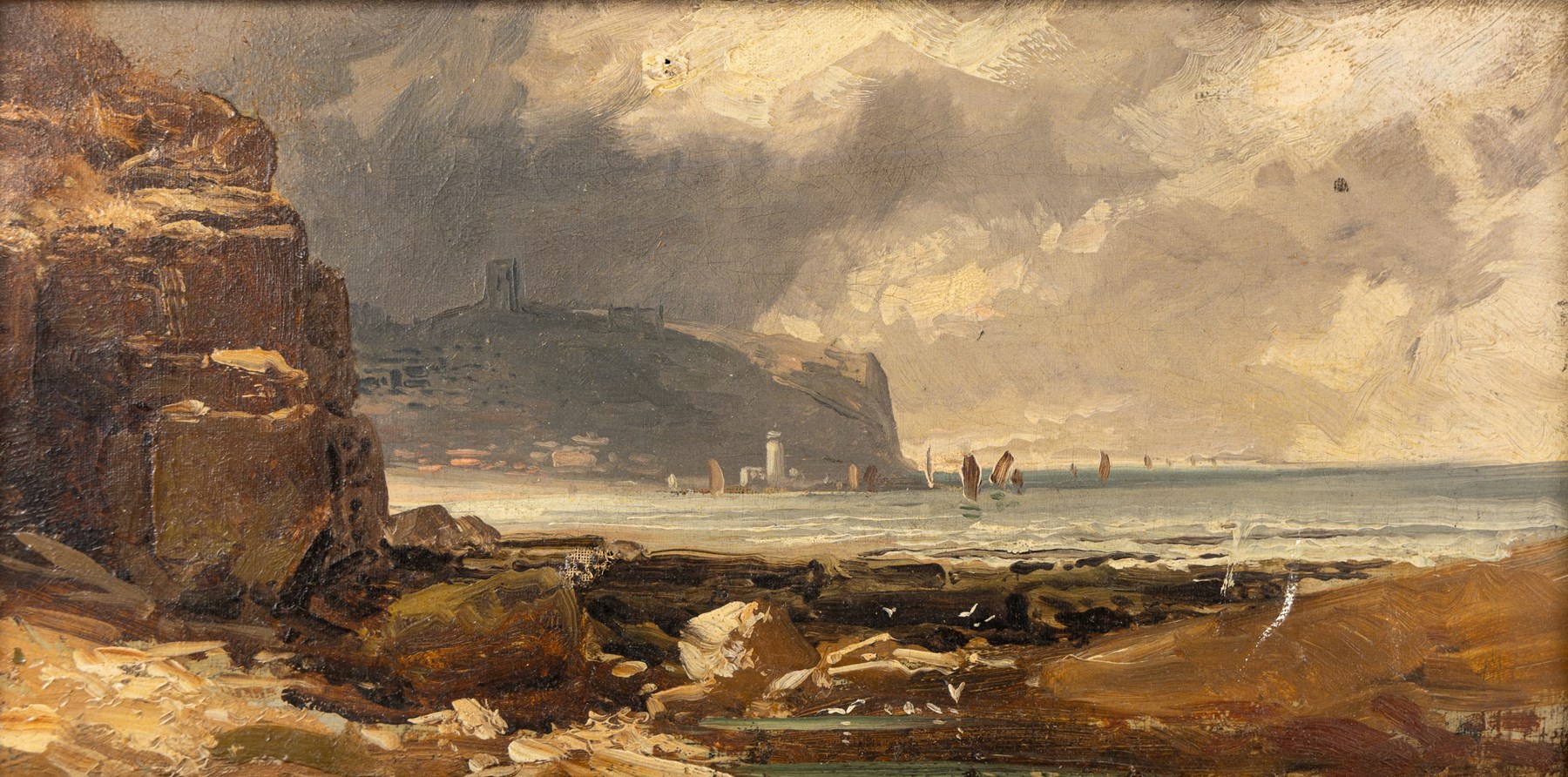 Robert Ernest Roe (British 1852-1921): View of Scarborough Castle, oil on canvas unsigned 19.5cm x 40cm