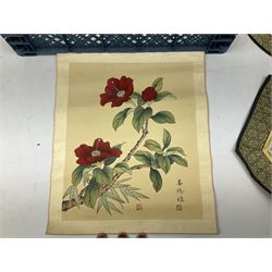 Six Chinese silks on fabric panels embroidered with birds on blossoming branches, along with three other Chinese painted silks 
