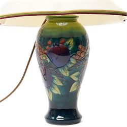 Moorcroft Finches and Berries pattern table lamp and shade, including shade H59cm  