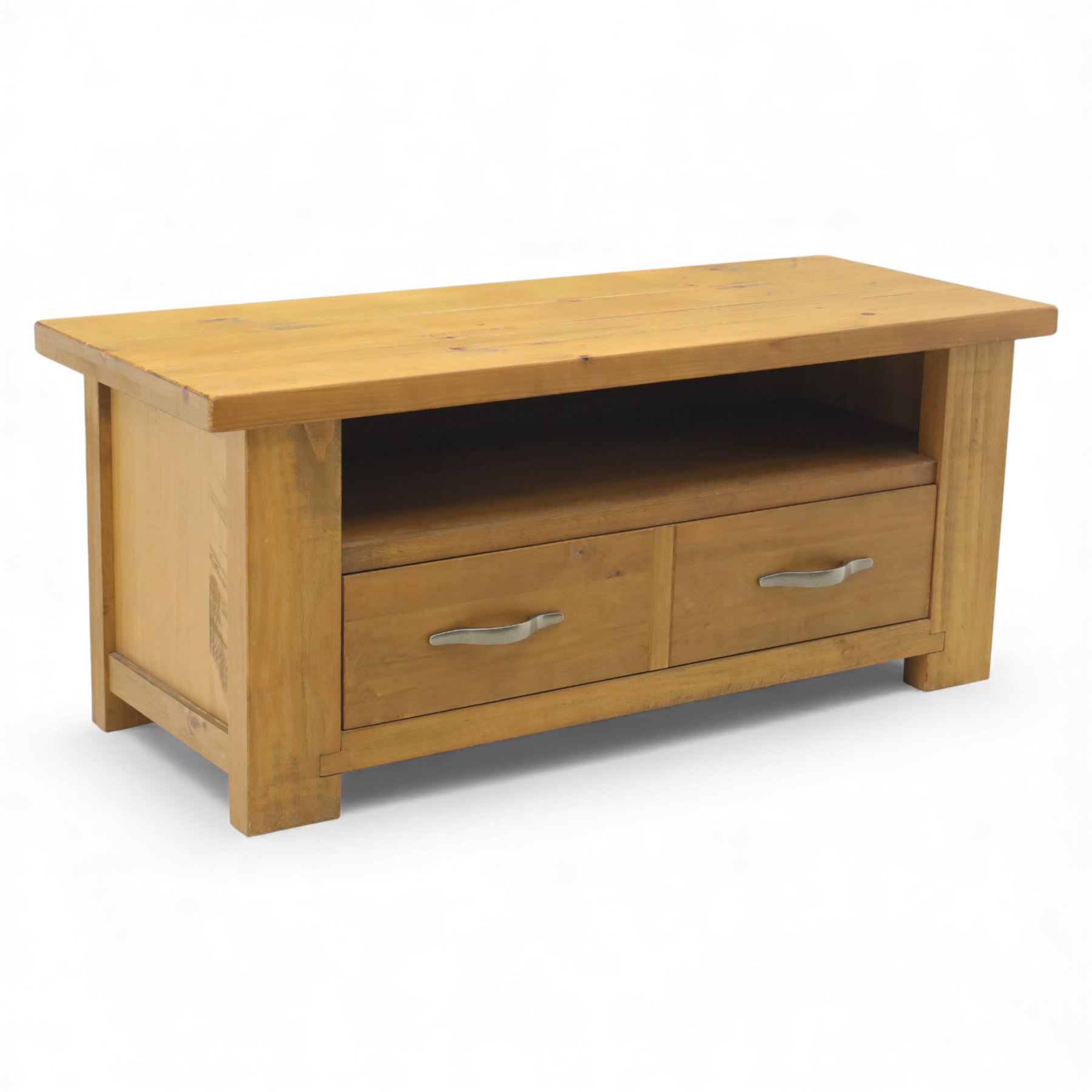 Contemporary pine television stand, with rectangular moulded top above an open shelf, fitted below with two drawers with brushed metal handles, plain sides, raised on square block fee