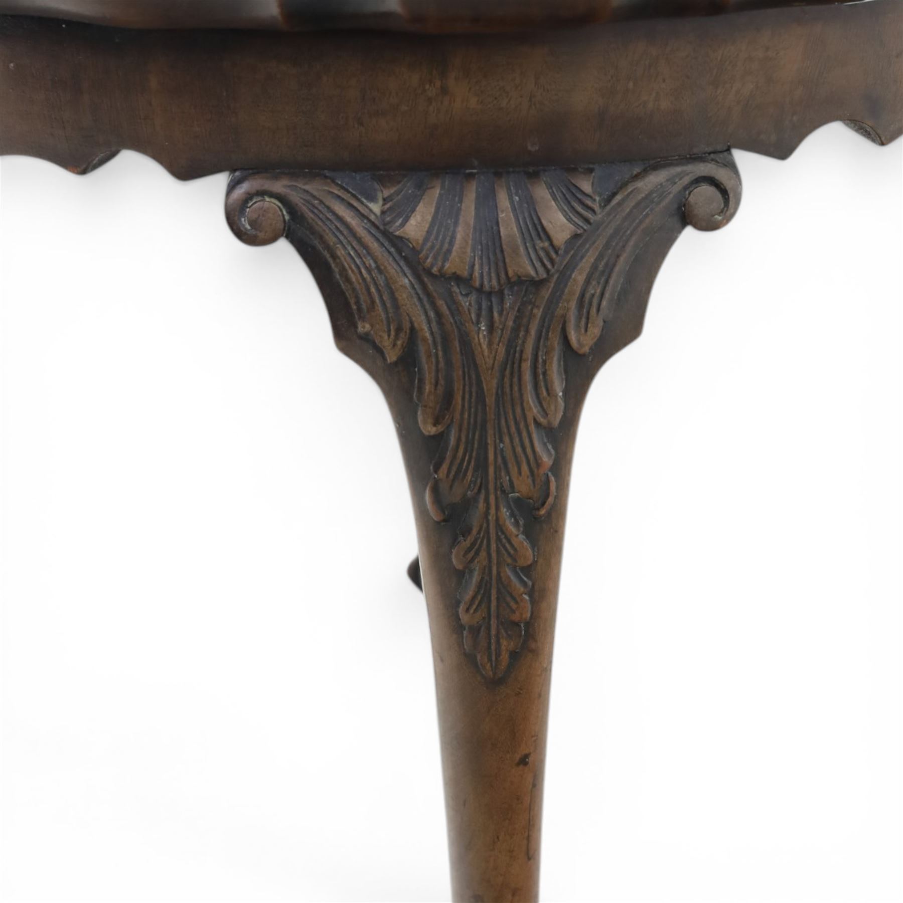 Georgian design piecrust coffee table with acanthus carved cabriole supports, seated on ball and claw feet
