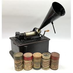 Edison Standard Phonograph with oak base (no cover), the reproducer marked 'Model C', serial no. 634857, last patent date Oct.1905, with black japanned conical horn L33cm; together with five cylinders