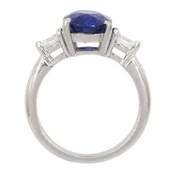 Platinum three stone oval cut sapphire and pear cut diamond ring, hallmarked, sapphire approx 2.70 carat