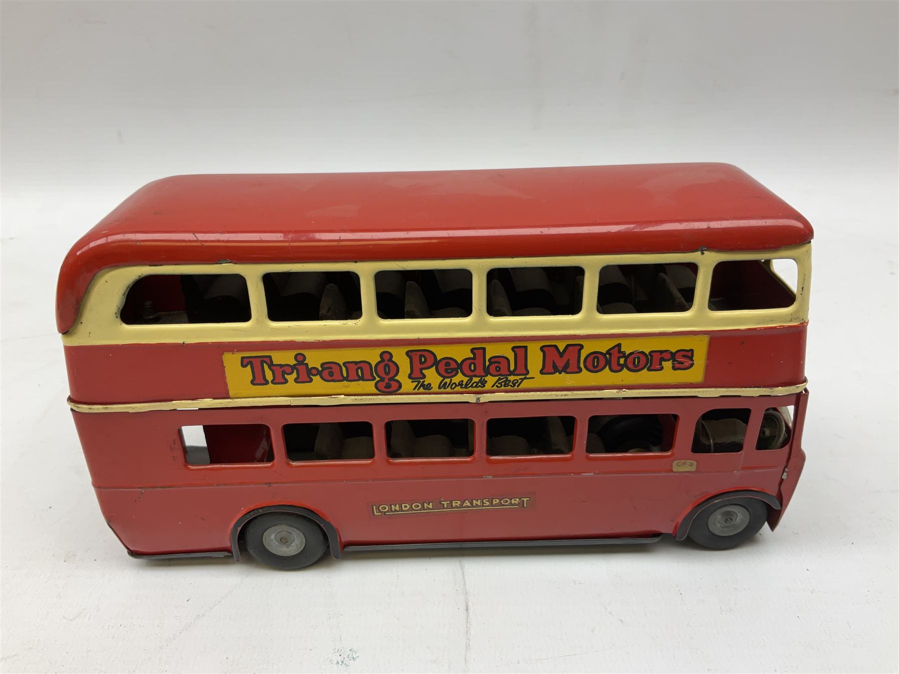 Tri-ang Minic tin-plate clockwork - London Transport Routemaster double decker bus 'Route 14 Putney' with Bovril and Tri-ang Pedal Motors advertisements; and Refuse Wagon with three sliding compartments; both unboxed (2)