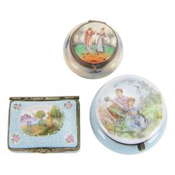 Ten porcelain boxes, of various form, each with printed decoration of figures