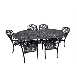 Victorian design painted aluminium oval garden table and six chairs - THIS LOT IS TO BE COLLECTED BY APPOINTMENT FROM DUGGLEBY STORAGE, GREAT HILL, EASTFIELD, SCARBOROUGH, YO11 3TX