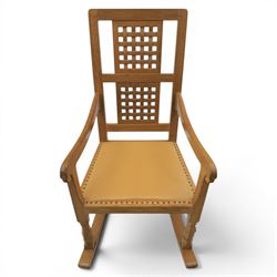 Mouseman - oak rocking chair, high lattice back, carved Mouse signature, by Robert Thompson's of Kilburn