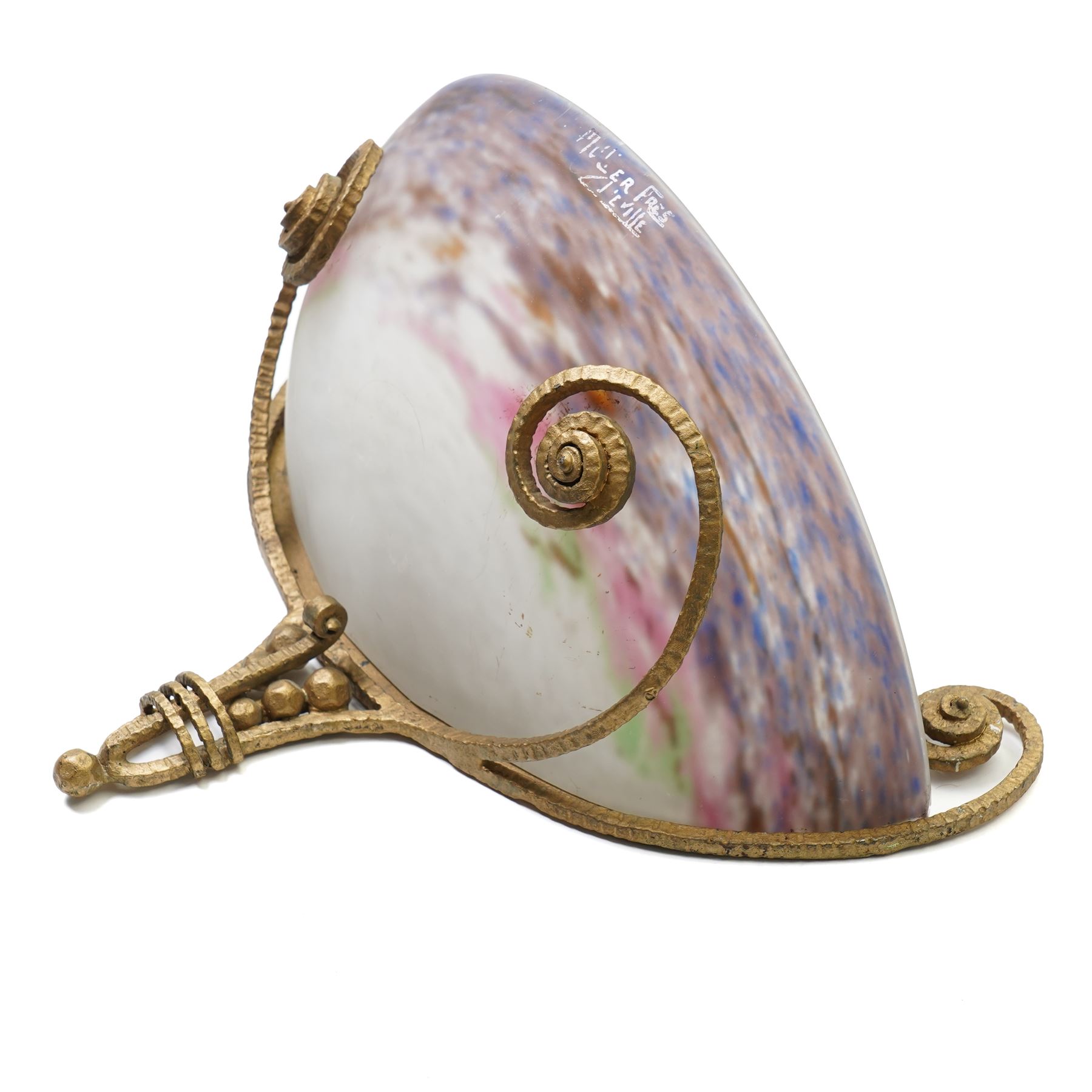 Muller Frères Lunéville - 1920's Art Deco wall light, the purple frosted glass bowl set in a gilt metal stylised wall mount, signed to bowl, H29cm