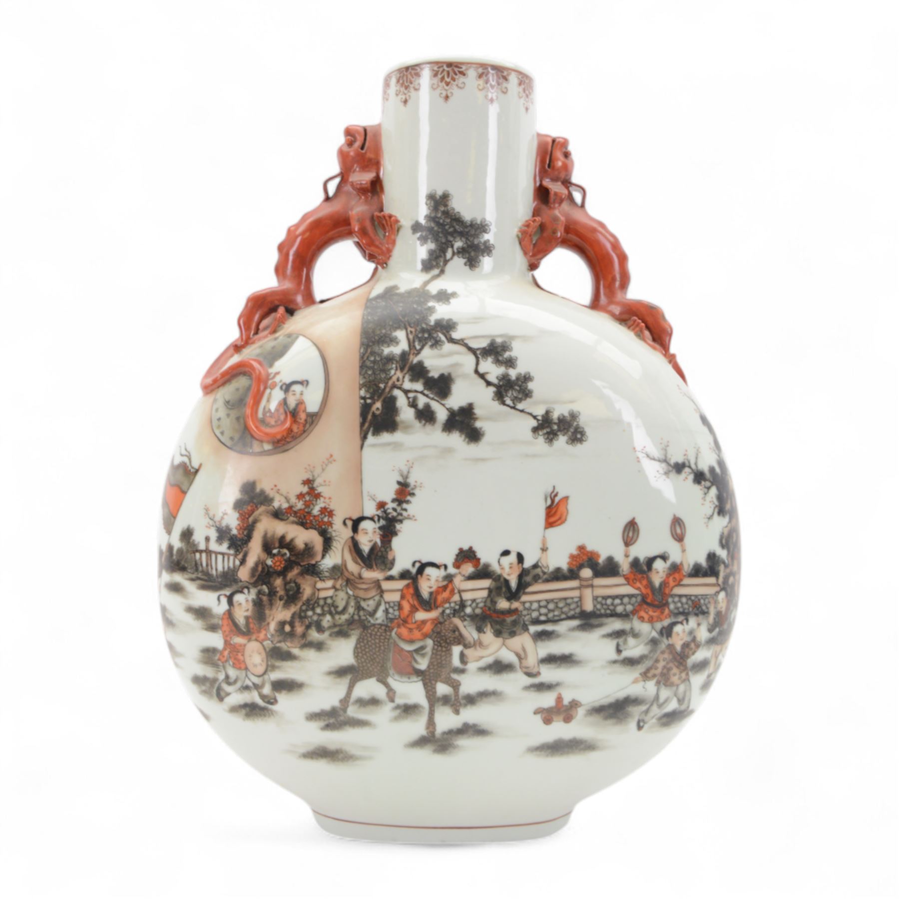 Chinese Republic period porcelain moon flask vase, of typical compressed spherical form, the neck and shoulders with applied iron red dragon handles, the body decorated in iron-red and grisaille with a 'one hundred children' design, depicting various children at play and engaged in musical pursuits within a garden setting, with apocryphal Qianlong mark beneath, H47cm