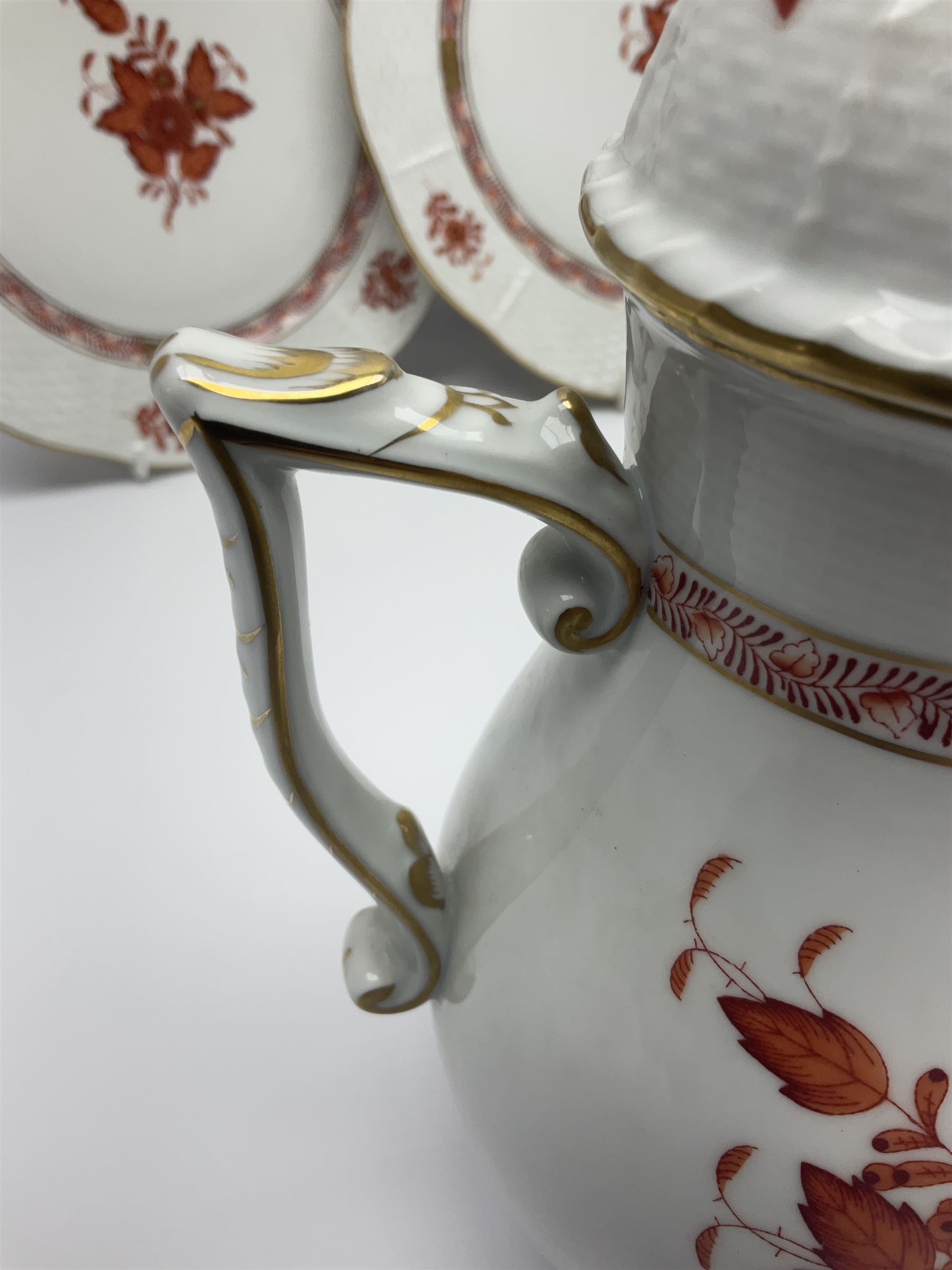 Herend Chinese Bouquet Rose pattern tea service comprising teapot, coffee pot, open sucrier, six cups and saucers, six tea plates, cream jug and stand, milk jug, two teabag holders, preserve pot, two leaf shaped dishes, four egg cups, salt & pepper pots, pair side plates and another plate