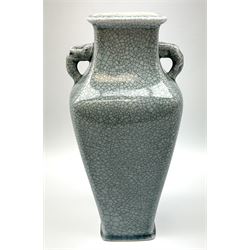Chinese square section baluster two-handled vase with pale blue crackle glaze H26.5cm. 