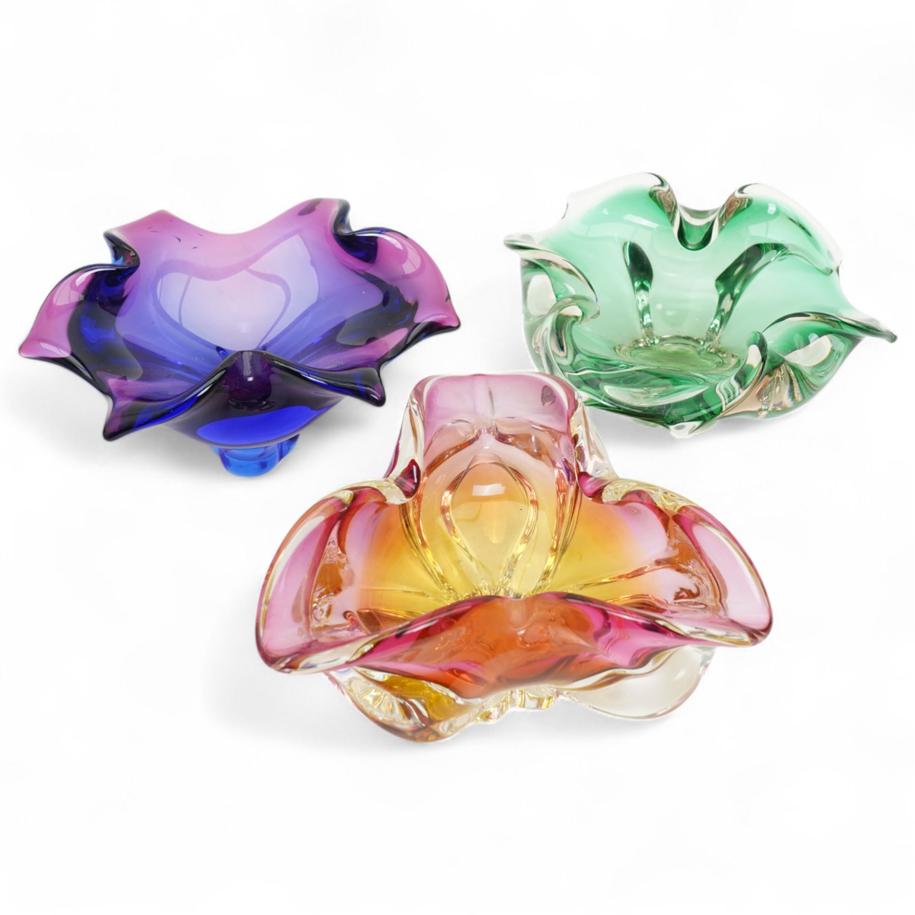 Three Czech bohemian art glass bowls, by Josef Hospodka for Chribska, shaped as flowers with sprawling petals, approx. W22cm (3)