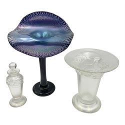 20th Century studio glass Okra Jack in the Pulpit vase, in deep blue with silvered trails, engraved signature, to base, together with David Wallace studio glass opalescent bottle and stopper and vase, Okra vase H30cm